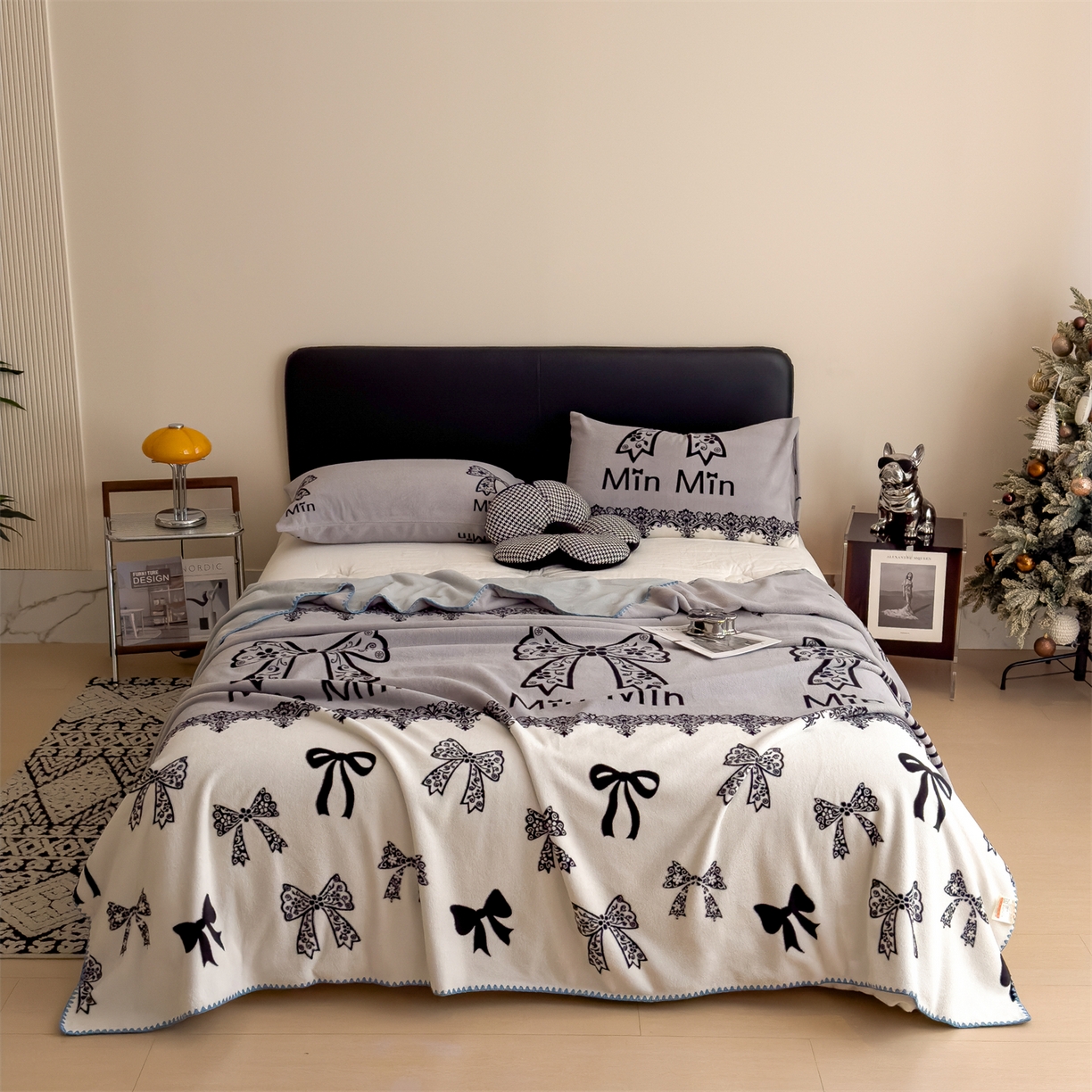 91家纺网 家纺一手货源 找家纺 慕木家纺 2025新款高克重印花仿羊绒双层毛毯毛毯毯子（可供跨境提供买家秀） 蕾丝蝶梦-灰