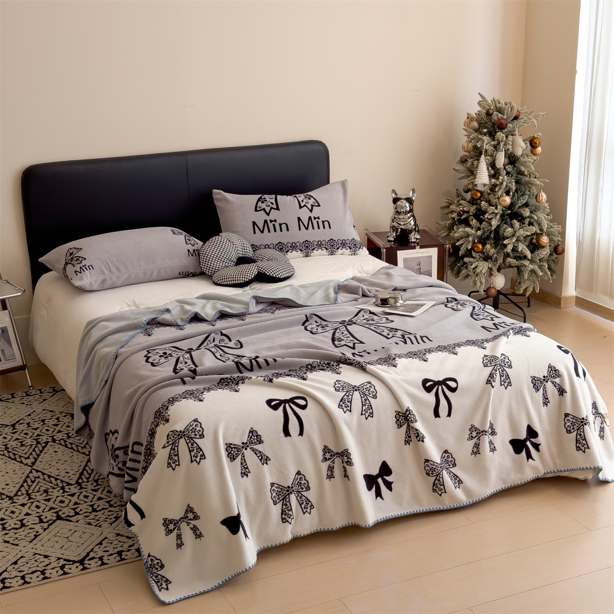 91家纺网 家纺一手货源 找家纺 慕木家纺 2025新款高克重印花仿羊绒双层毛毯毛毯毯子（可供跨境提供买家秀） 蕾丝蝶梦-灰