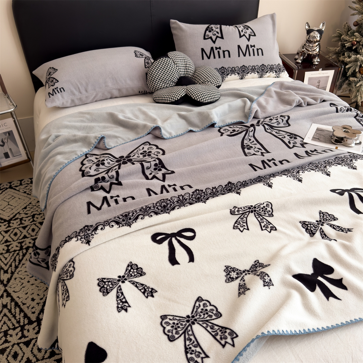 91家纺网 家纺一手货源 找家纺 慕木家纺 2025新款高克重印花仿羊绒双层毛毯毛毯毯子（可供跨境提供买家秀） 蕾丝蝶梦-灰