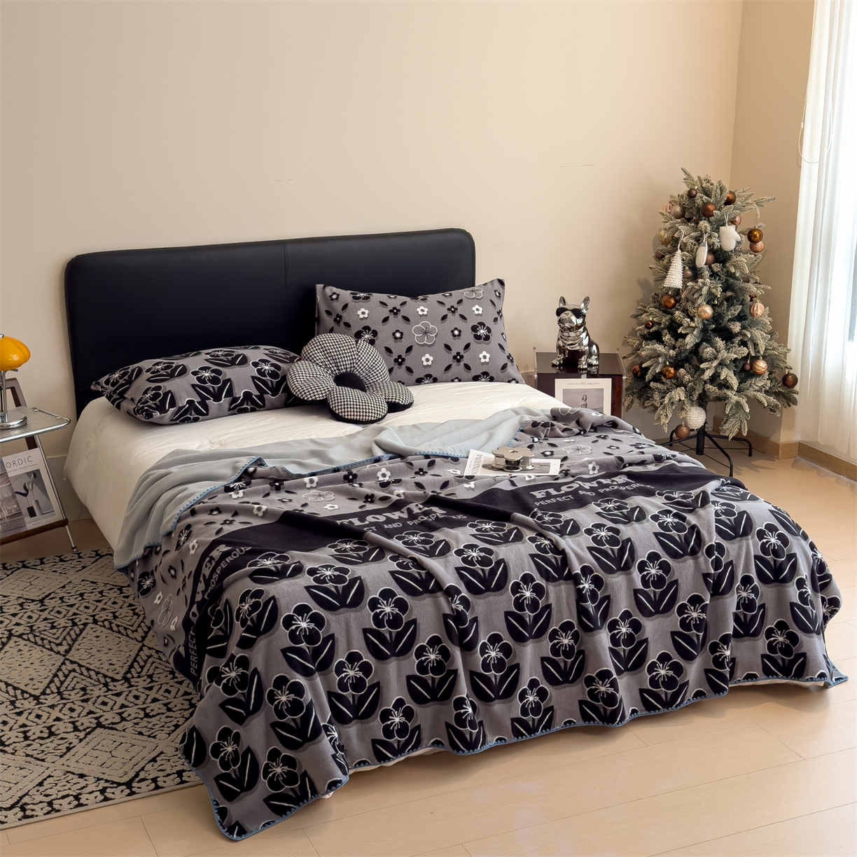 91家纺网 家纺一手货源 找家纺 慕木家纺 2025新款高克重印花仿羊绒双层毛毯毛毯毯子（可供跨境提供买家秀） 墨韵花格