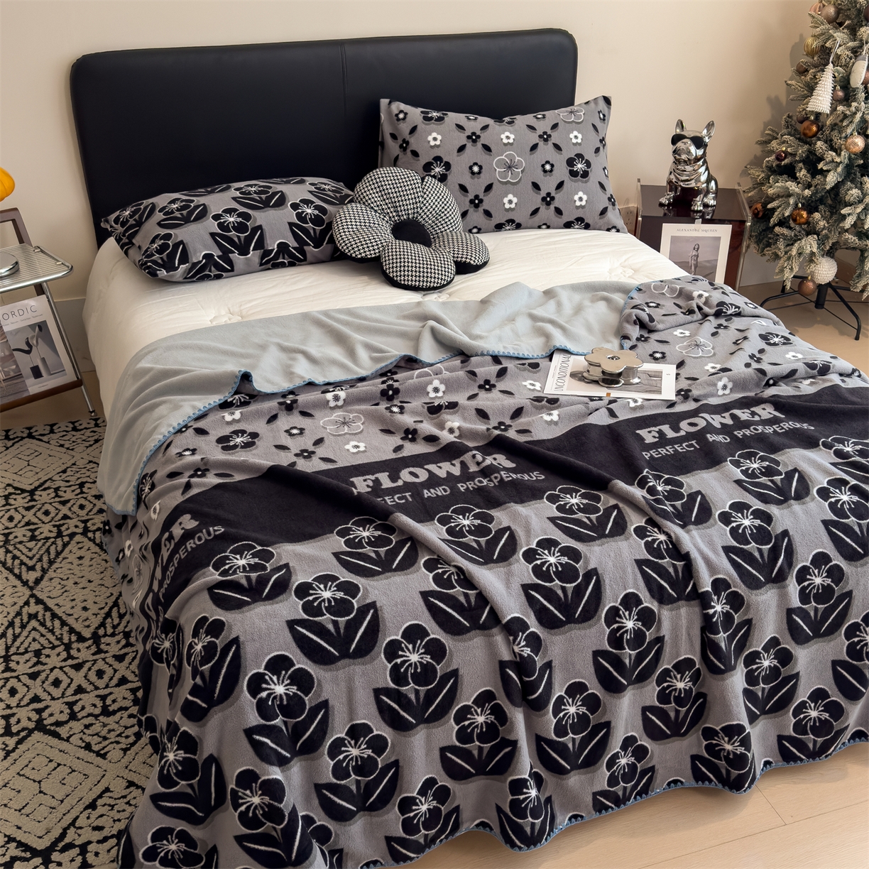 91家纺网 家纺一手货源 找家纺 慕木家纺 2025新款高克重印花仿羊绒双层毛毯毛毯毯子（可供跨境提供买家秀） 墨韵花格