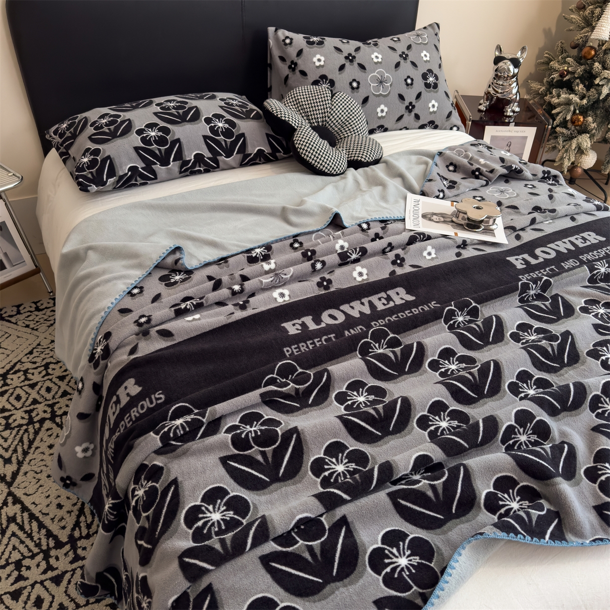 91家纺网 家纺一手货源 找家纺 慕木家纺 2025新款高克重印花仿羊绒双层毛毯毛毯毯子（可供跨境提供买家秀） 墨韵花格