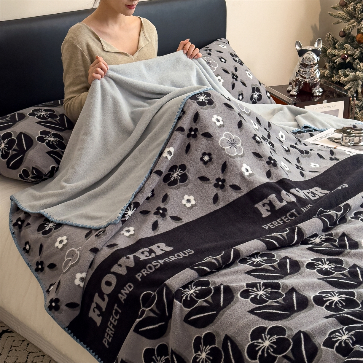 91家纺网 家纺一手货源 找家纺 慕木家纺 2025新款高克重印花仿羊绒双层毛毯毛毯毯子（可供跨境提供买家秀） 墨韵花格