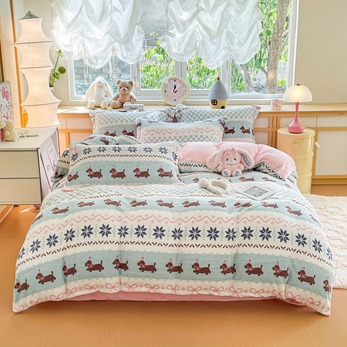 91家纺网 家纺一手货源 找家纺 弗苓家纺 2025新款加厚保暖双面牛奶绒四件套 顽皮狗