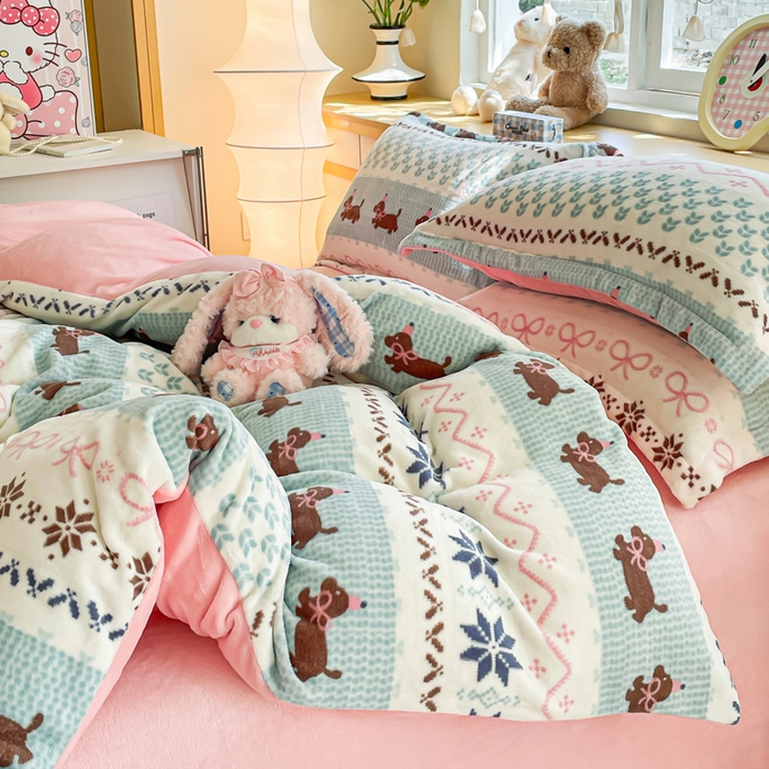 91家纺网 家纺一手货源 找家纺 弗苓家纺 2025新款加厚保暖双面牛奶绒四件套 顽皮狗