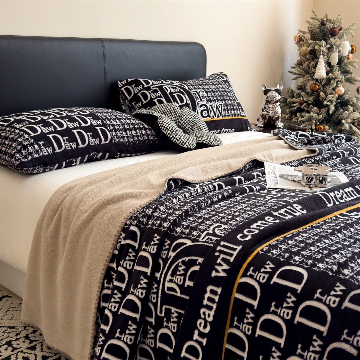 91家纺网 家纺一手货源 找家纺 慕木家纺 2025新款高克重印花仿羊绒双层毛毯毛毯毯子（可供跨境提供买家秀） 千鸟梦笺