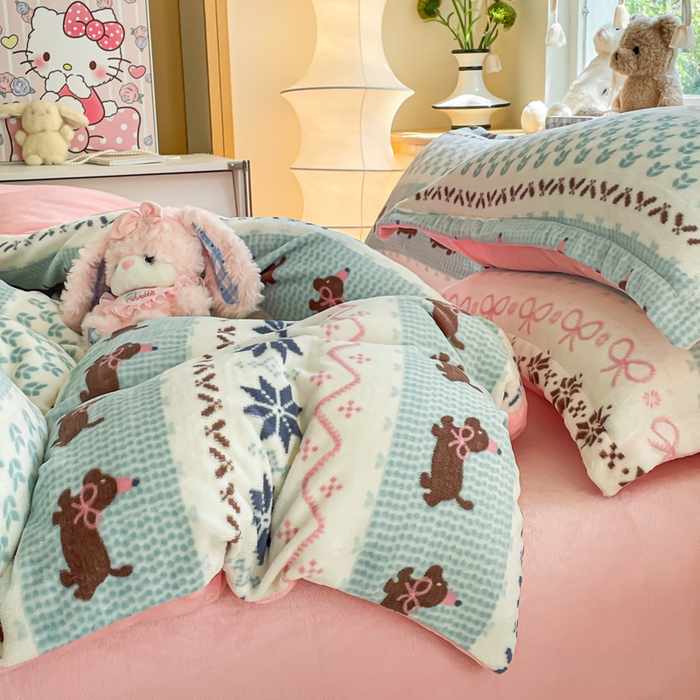 91家纺网 家纺一手货源 找家纺 弗苓家纺 2025新款加厚保暖双面牛奶绒四件套 顽皮狗