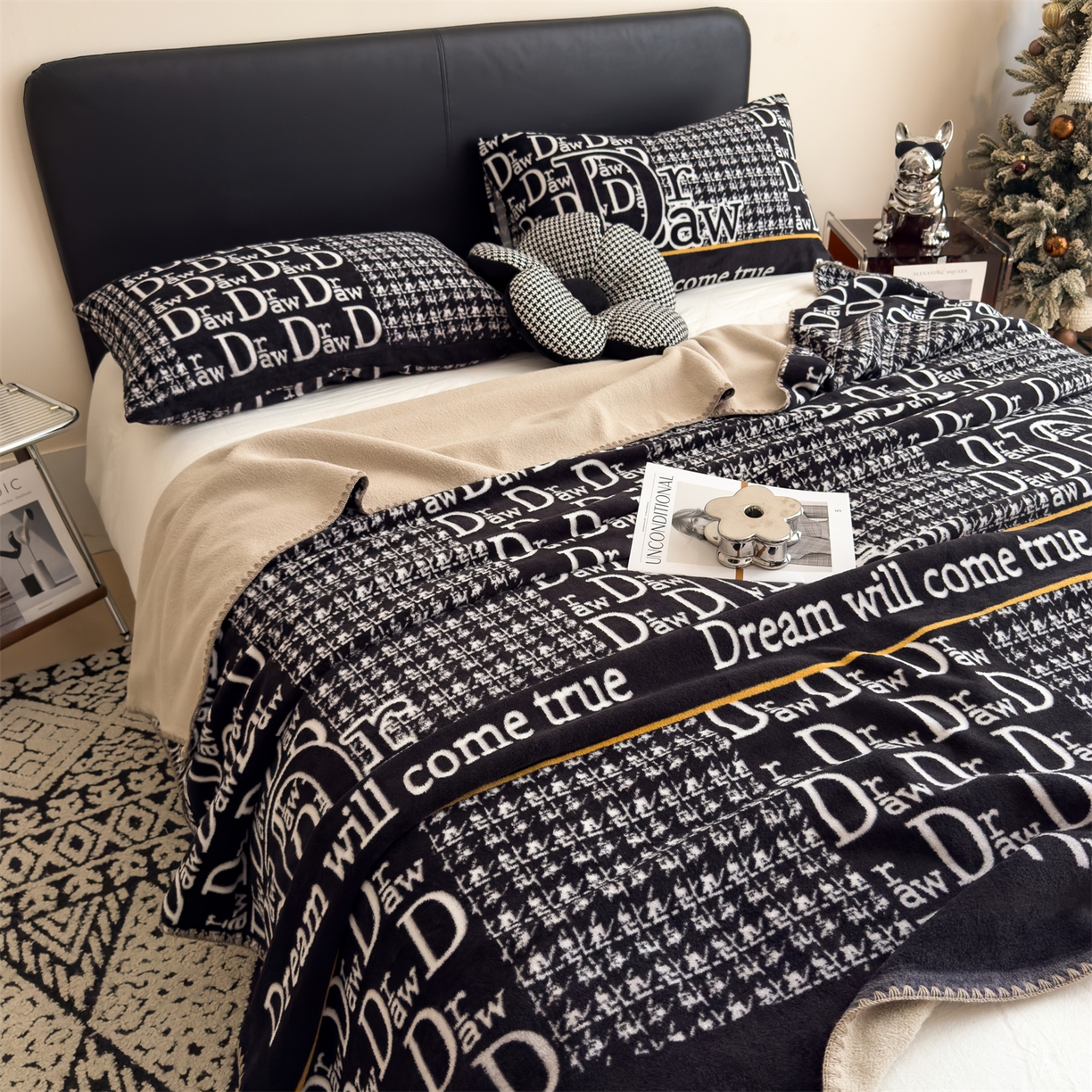 91家纺网 家纺一手货源 找家纺 慕木家纺 2025新款高克重印花仿羊绒双层毛毯毛毯毯子（可供跨境提供买家秀） 千鸟梦笺