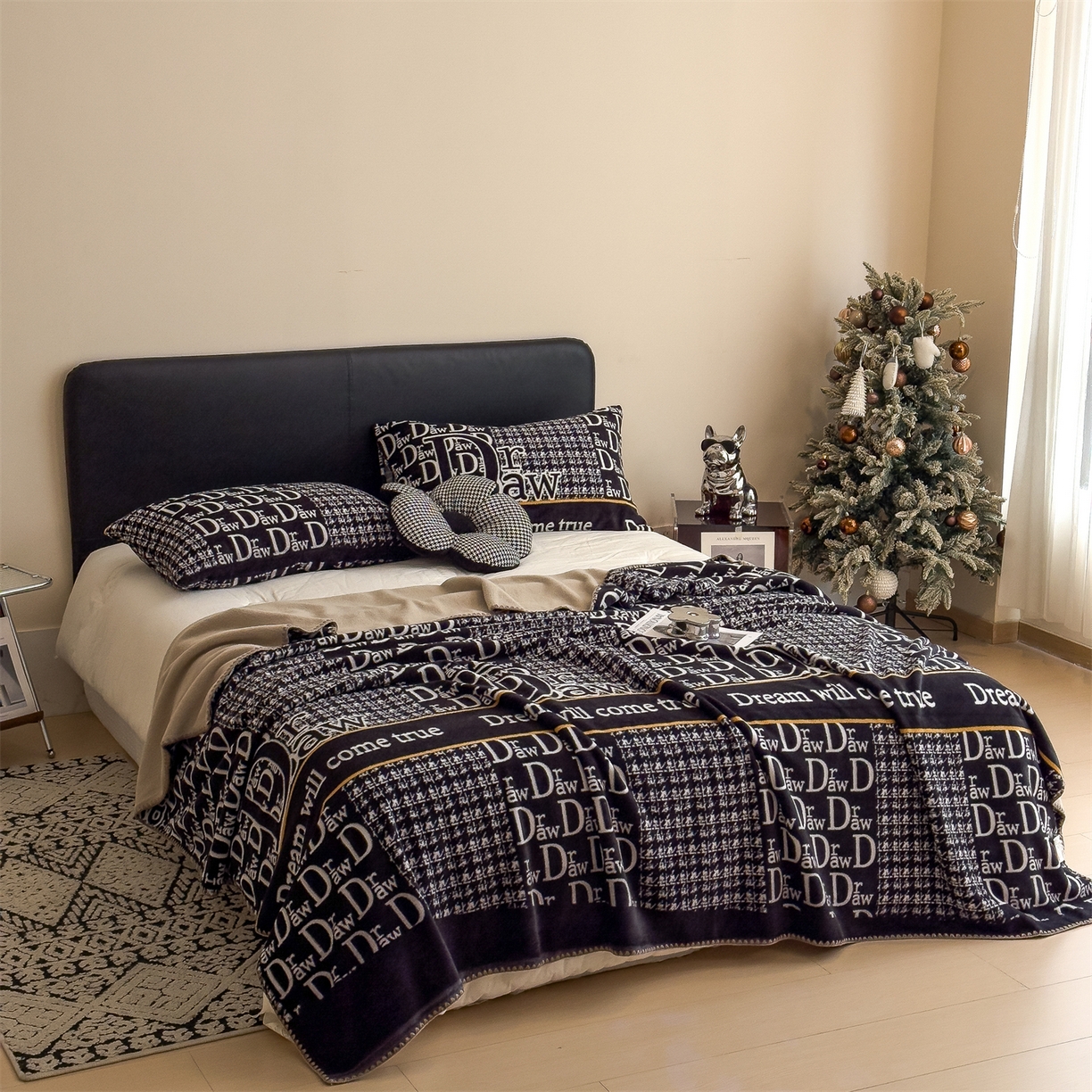 91家纺网 家纺一手货源 找家纺 慕木家纺 2025新款高克重印花仿羊绒双层毛毯毛毯毯子（可供跨境提供买家秀） 千鸟梦笺