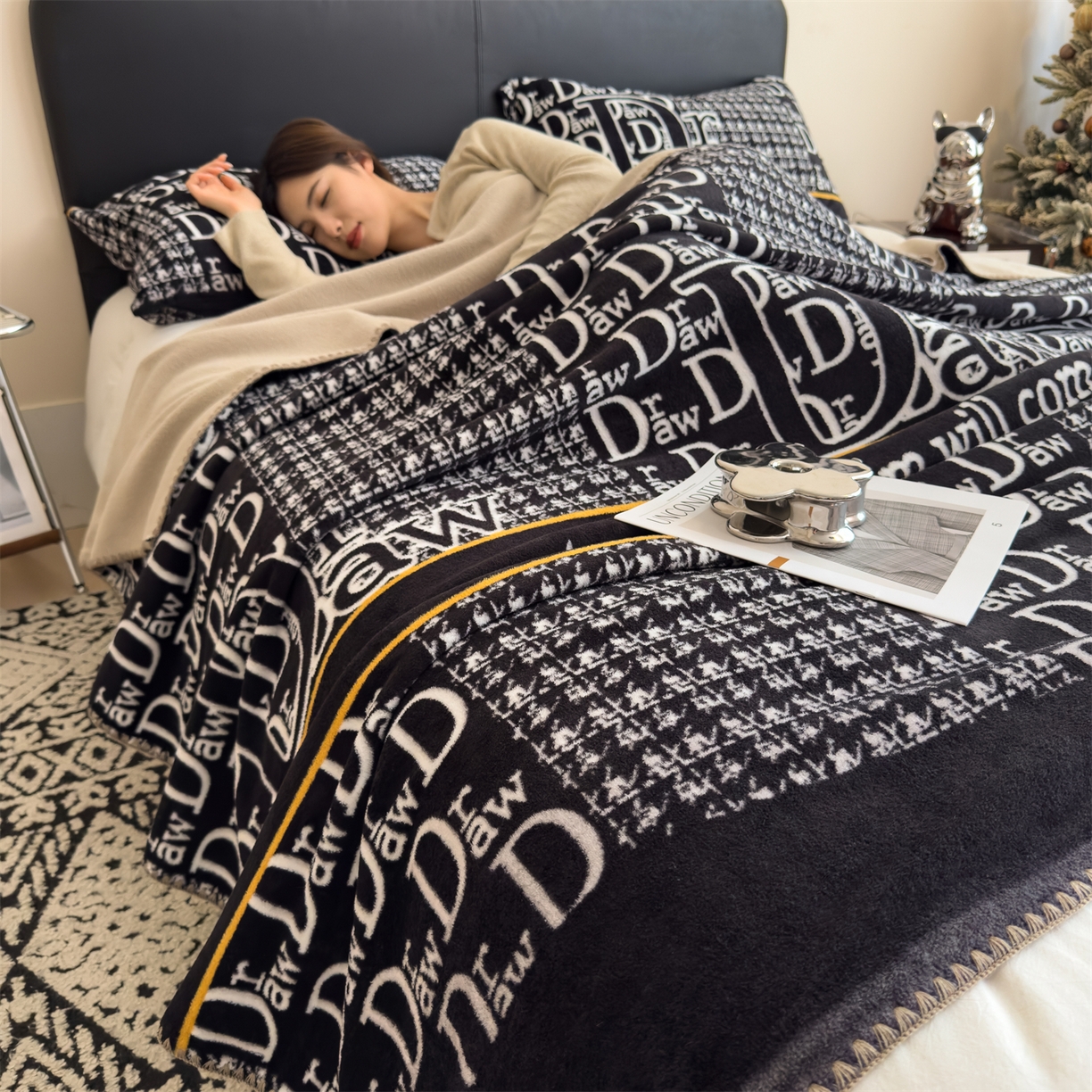 91家纺网 家纺一手货源 找家纺 慕木家纺 2025新款高克重印花仿羊绒双层毛毯毛毯毯子（可供跨境提供买家秀） 千鸟梦笺