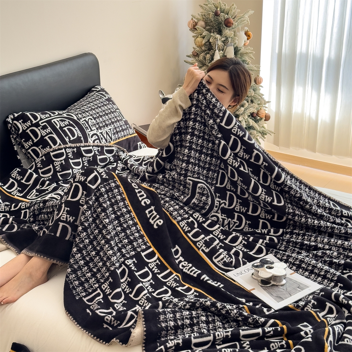 91家纺网 家纺一手货源 找家纺 慕木家纺 2025新款高克重印花仿羊绒双层毛毯毛毯毯子（可供跨境提供买家秀） 千鸟梦笺