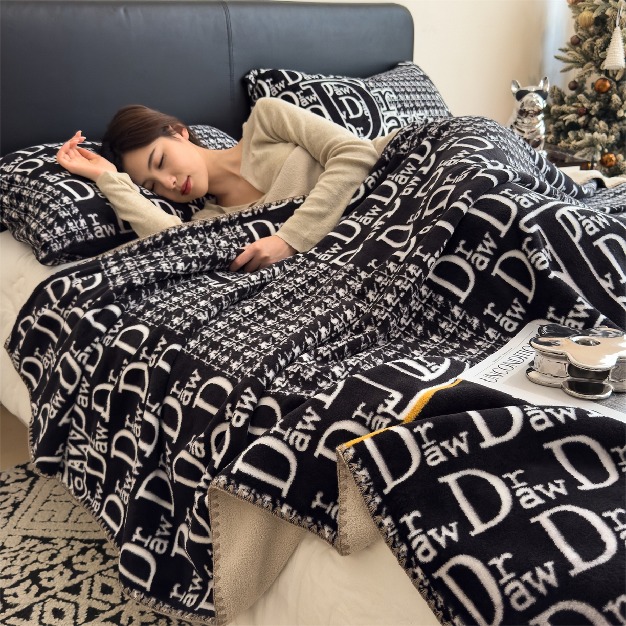 91家纺网 家纺一手货源 找家纺 慕木家纺 2025新款高克重印花仿羊绒双层毛毯毛毯毯子（可供跨境提供买家秀） 千鸟梦笺