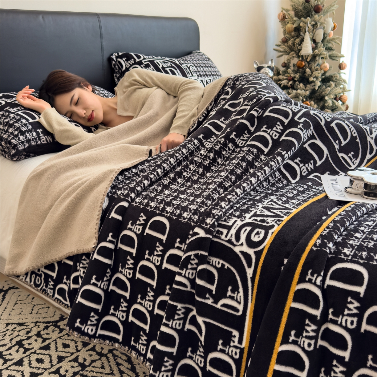 91家纺网 家纺一手货源 找家纺 慕木家纺 2025新款高克重印花仿羊绒双层毛毯毛毯毯子（可供跨境提供买家秀） 千鸟梦笺