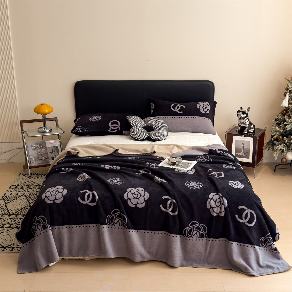 91家纺网 家纺一手货源 找家纺 慕木家纺 2025新款高克重印花仿羊绒双层毛毯毛毯毯子（可供跨境提供买家秀） 山茶环影