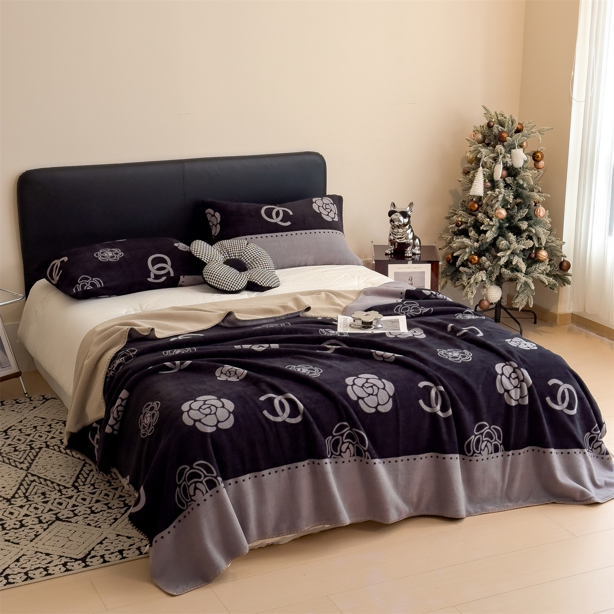 91家纺网 家纺一手货源 找家纺 慕木家纺 2025新款高克重印花仿羊绒双层毛毯毛毯毯子（可供跨境提供买家秀） 山茶环影