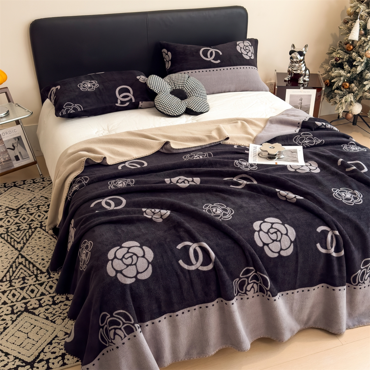 91家纺网 家纺一手货源 找家纺 慕木家纺 2025新款高克重印花仿羊绒双层毛毯毛毯毯子（可供跨境提供买家秀） 山茶环影