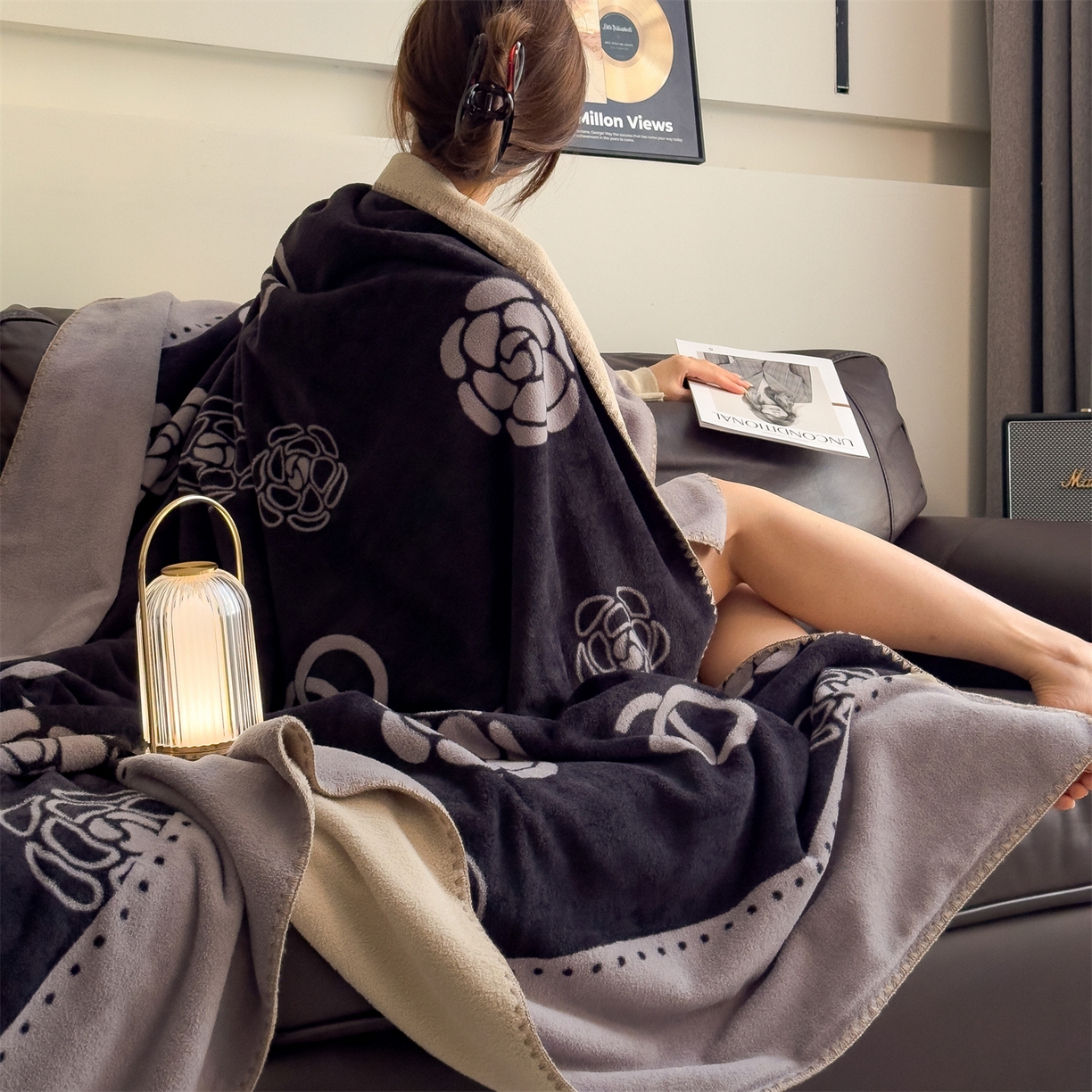 91家纺网 家纺一手货源 找家纺 慕木家纺 2025新款高克重印花仿羊绒双层毛毯毛毯毯子（可供跨境提供买家秀） 山茶环影