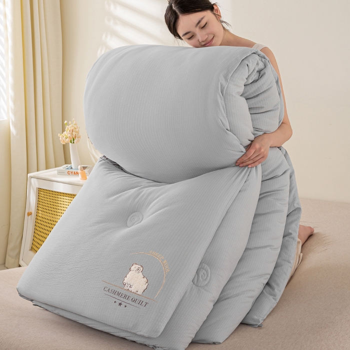 91家纺网 家纺一手货源 找家纺 宝士康家纺 2025新款冬日暖阳绣花羊毛秋冬被/冬被/跨境外贸被子被芯 绣花-浅灰