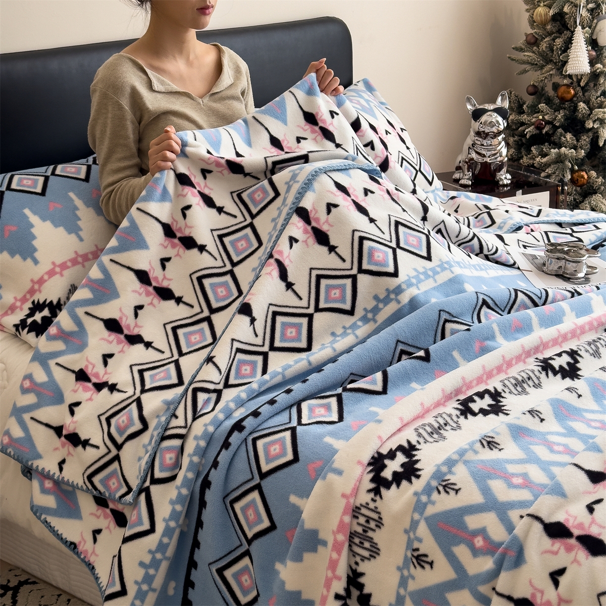 91家纺网 家纺一手货源 找家纺 慕木家纺 2025新款高克重印花仿羊绒双层毛毯毛毯毯子（可供跨境提供买家秀） 丝路花影