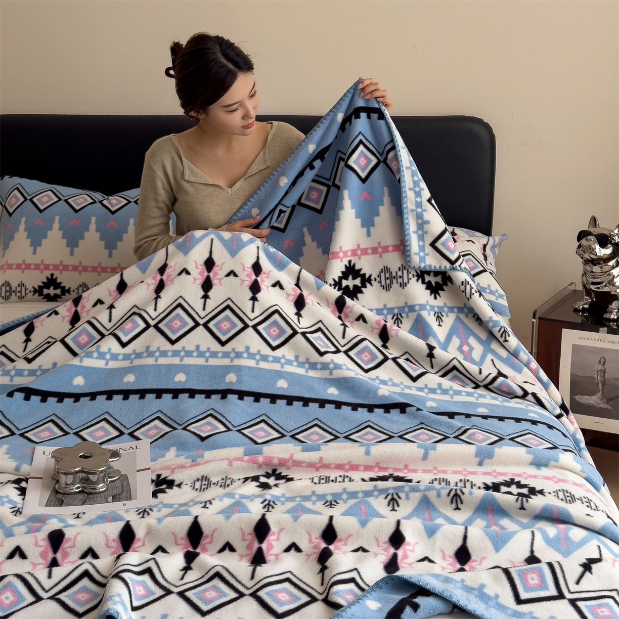 91家纺网 家纺一手货源 找家纺 慕木家纺 2025新款高克重印花仿羊绒双层毛毯毛毯毯子（可供跨境提供买家秀） 丝路花影