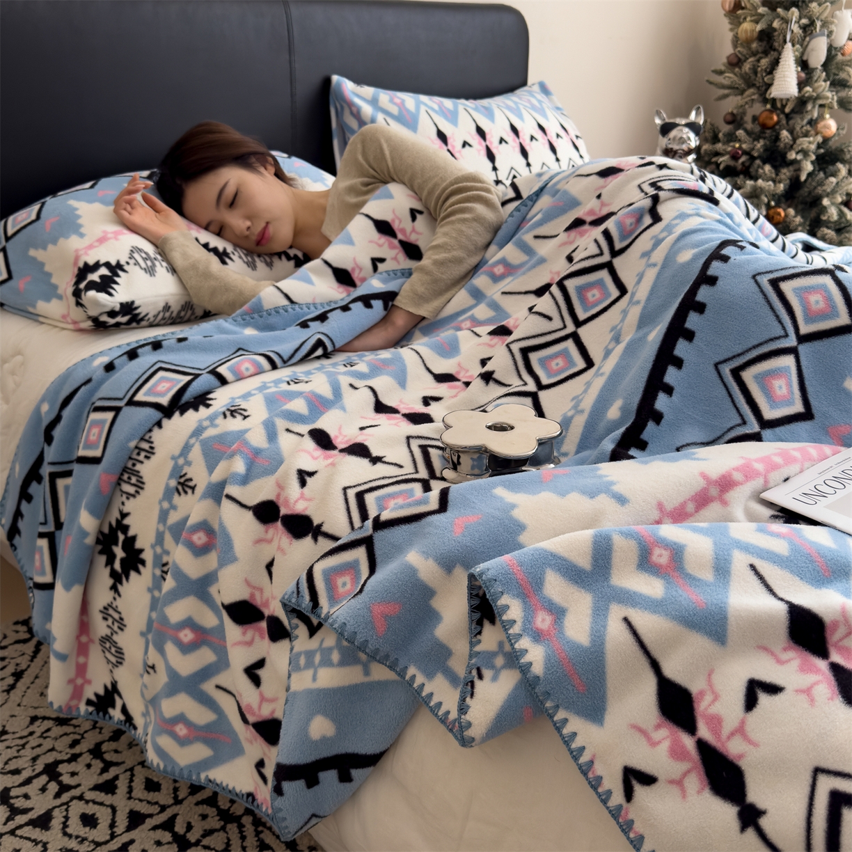 91家纺网 家纺一手货源 找家纺 慕木家纺 2025新款高克重印花仿羊绒双层毛毯毛毯毯子（可供跨境提供买家秀） 丝路花影