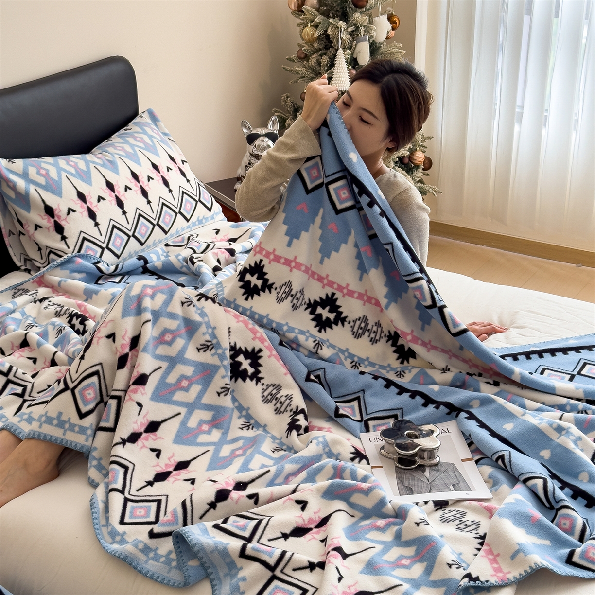 91家纺网 家纺一手货源 找家纺 慕木家纺 2025新款高克重印花仿羊绒双层毛毯毛毯毯子（可供跨境提供买家秀） 丝路花影