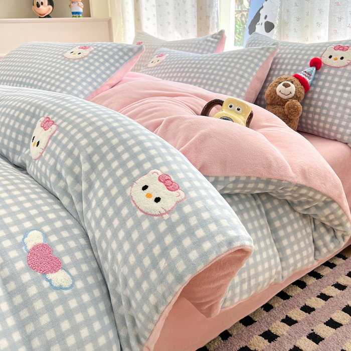 寐居家纺 2025新款纯色毛巾绣牛奶绒四件套 甜心格韵