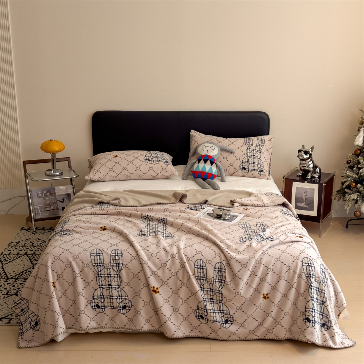 91家纺网 家纺一手货源 找家纺 慕木家纺 2025新款高克重印花仿羊绒双层毛毯毛毯毯子（可供跨境提供买家秀） 雅韵萌兔-咖