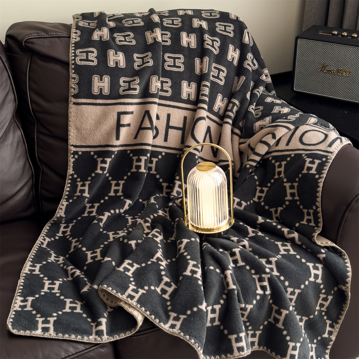 慕木家纺 2025新款高克重印花仿羊绒双层毛毯毛毯毯子（可供跨境提供买家秀） H韵朝-黑