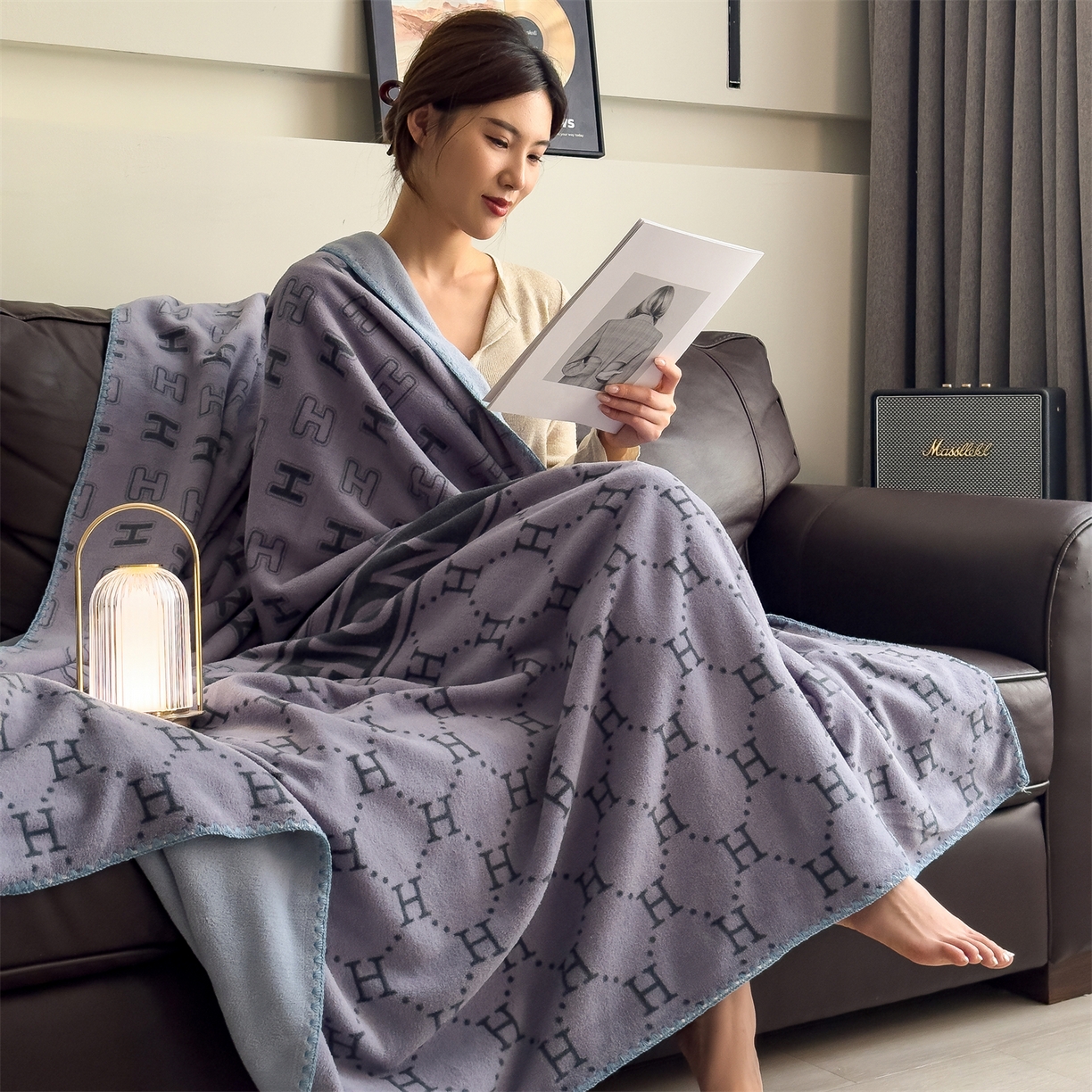 91家纺网 家纺一手货源 找家纺 慕木家纺 2025新款高克重印花仿羊绒双层毛毯毛毯毯子（可供跨境提供买家秀） H韵朝-灰