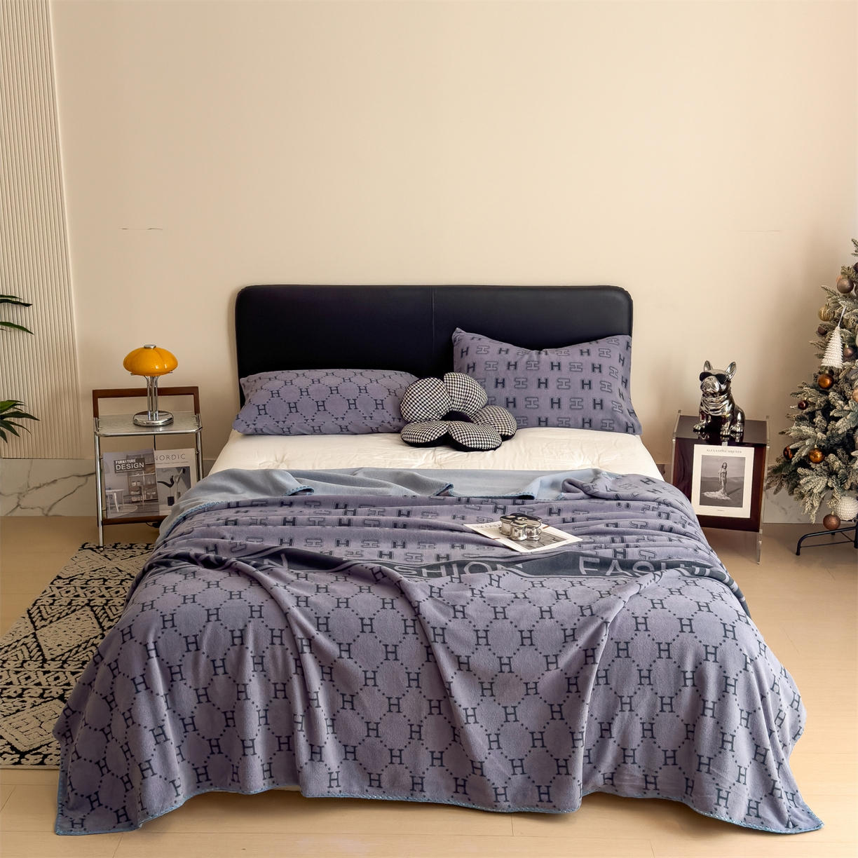 91家纺网 家纺一手货源 找家纺 慕木家纺 2025新款高克重印花仿羊绒双层毛毯毛毯毯子（可供跨境提供买家秀） H韵朝-灰