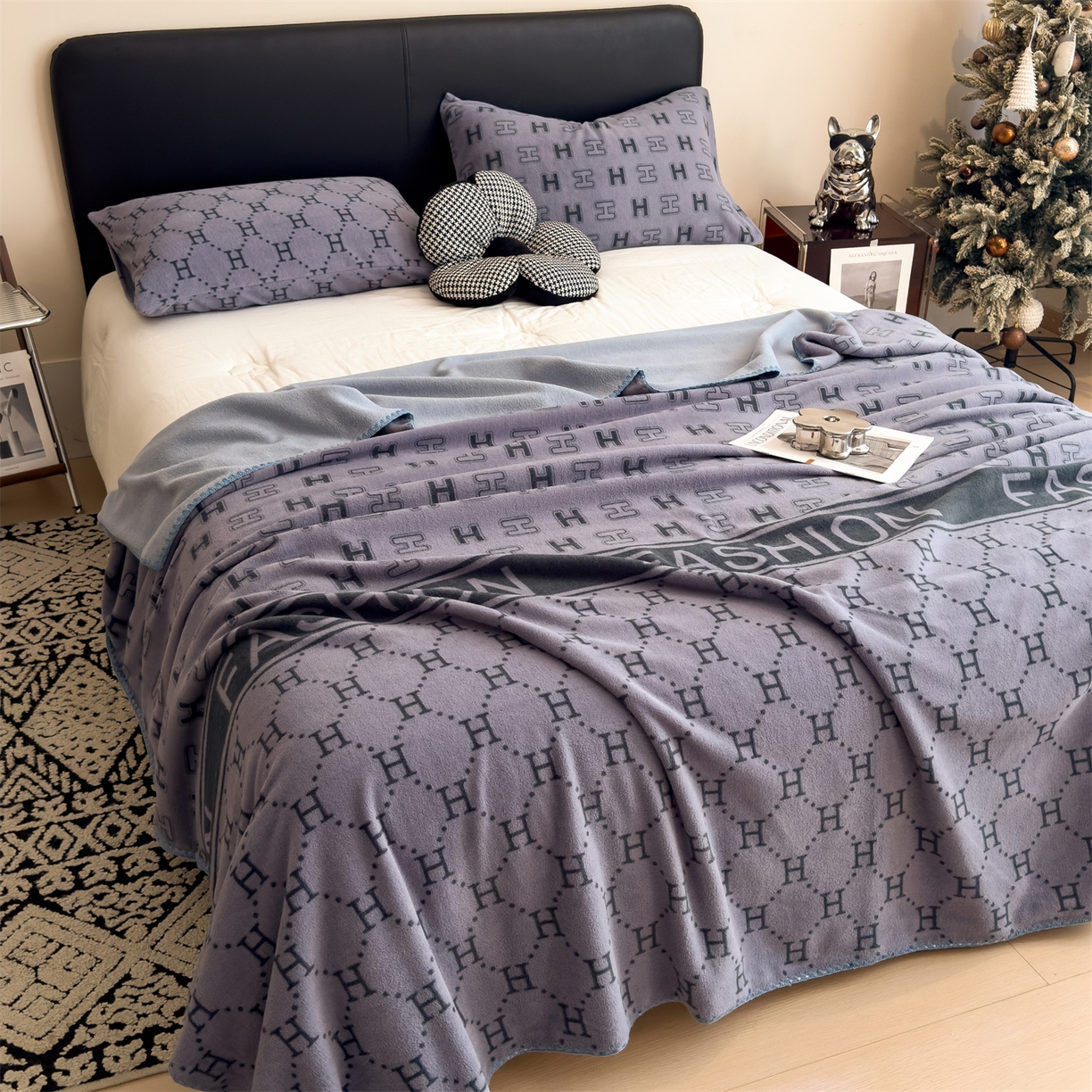 91家纺网 家纺一手货源 找家纺 慕木家纺 2025新款高克重印花仿羊绒双层毛毯毛毯毯子（可供跨境提供买家秀） H韵朝-灰