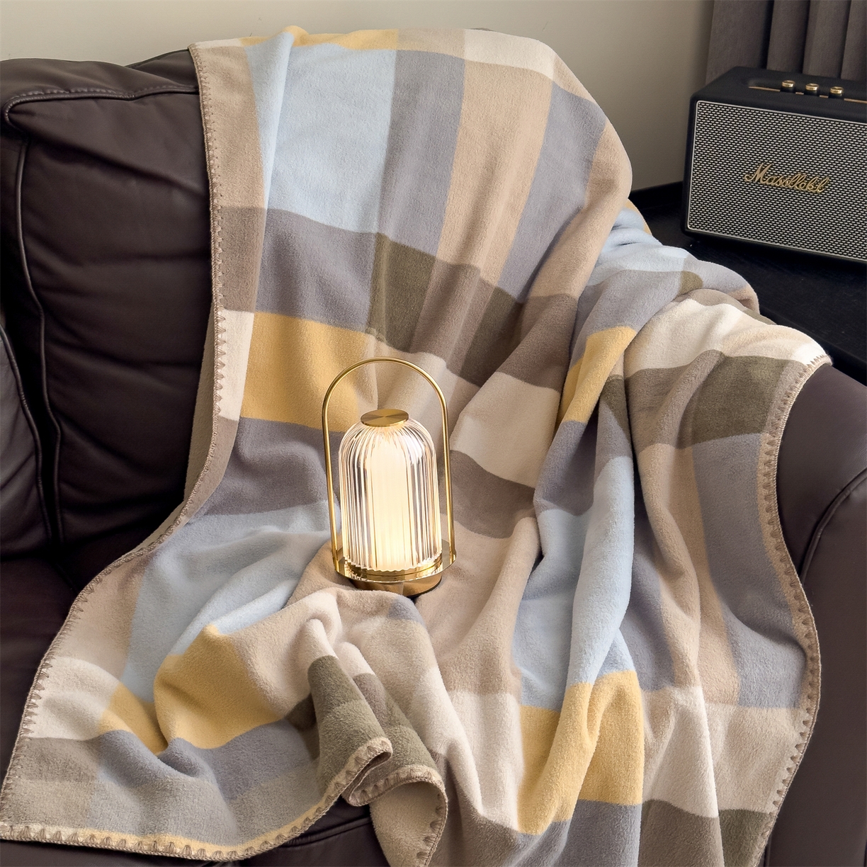 慕木家纺 2025新款高克重印花仿羊绒双层毛毯毛毯毯子（可供跨境提供买家秀） 冰蓝格序-黄