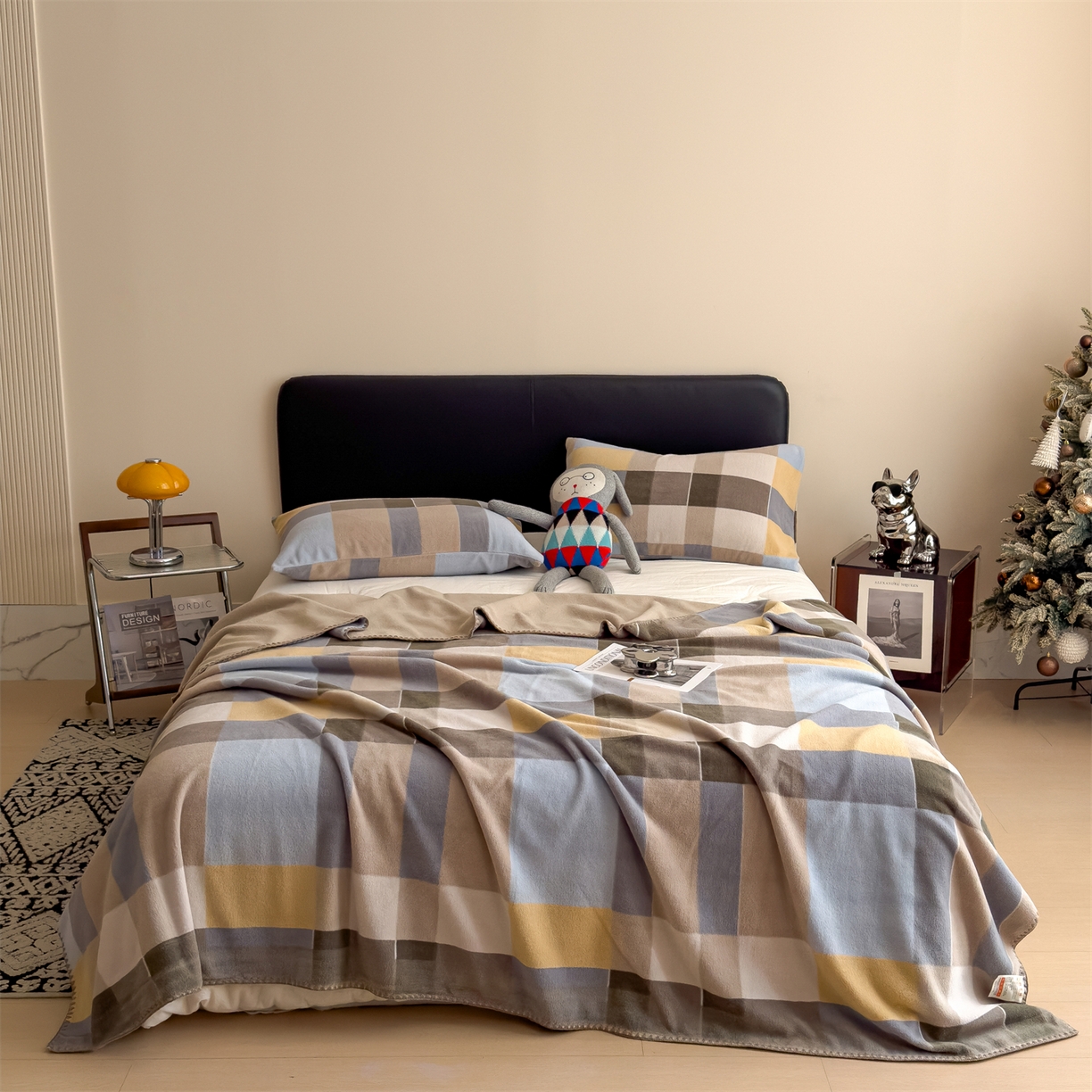 91家纺网 家纺一手货源 找家纺 慕木家纺 2025新款高克重印花仿羊绒双层毛毯毛毯毯子（可供跨境提供买家秀） 冰蓝格序-黄