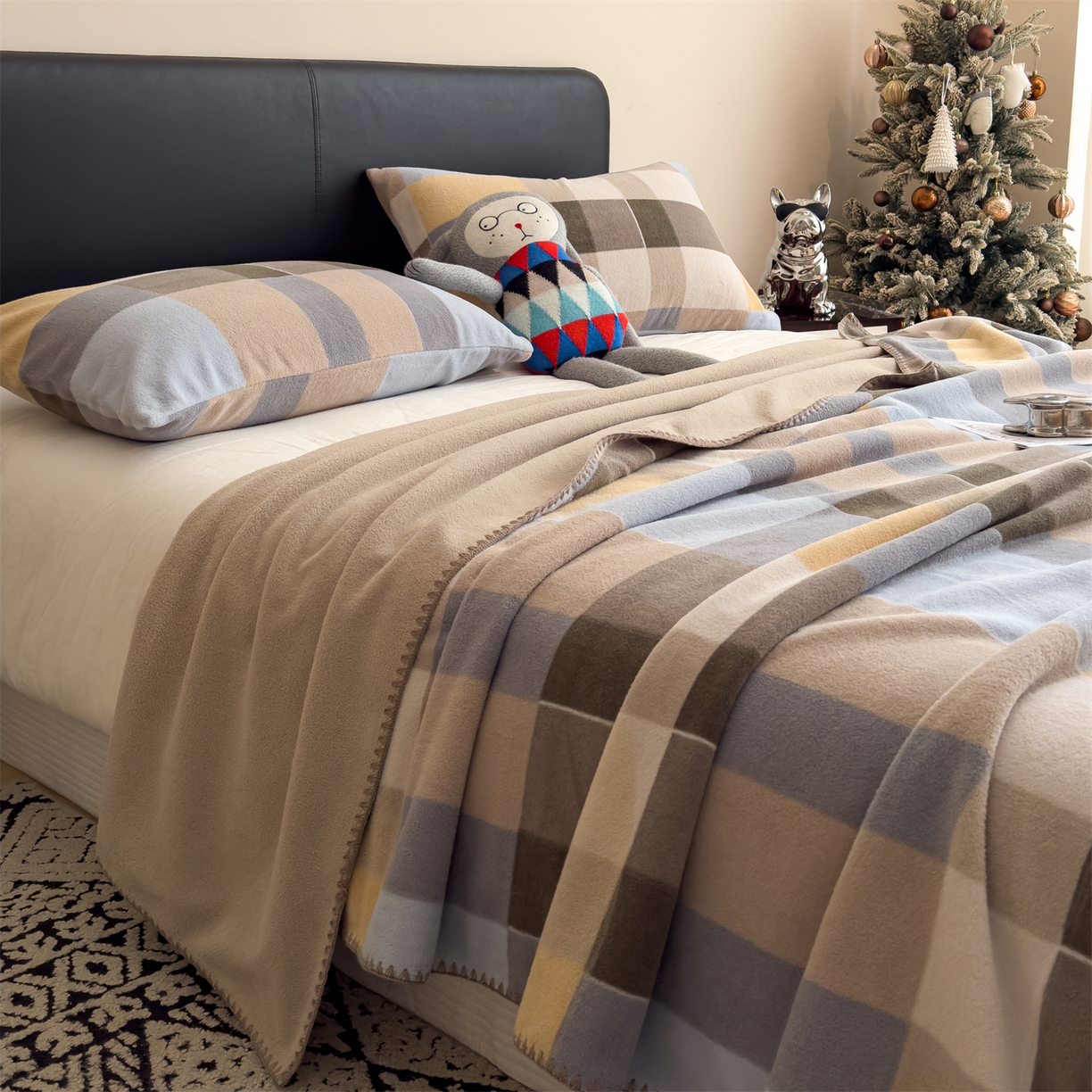 91家纺网 家纺一手货源 找家纺 慕木家纺 2025新款高克重印花仿羊绒双层毛毯毛毯毯子（可供跨境提供买家秀） 冰蓝格序-黄