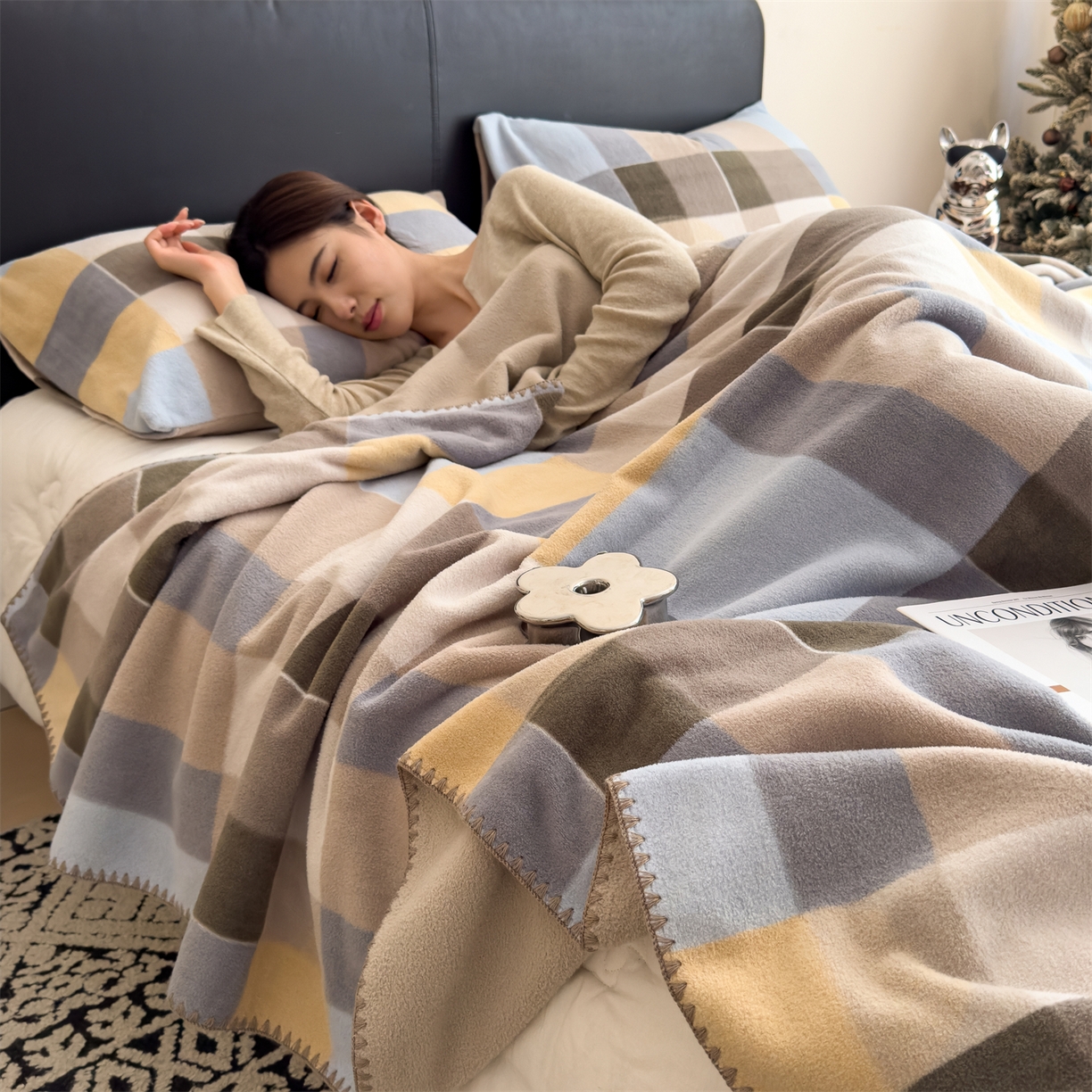 91家纺网 家纺一手货源 找家纺 慕木家纺 2025新款高克重印花仿羊绒双层毛毯毛毯毯子（可供跨境提供买家秀） 冰蓝格序-黄