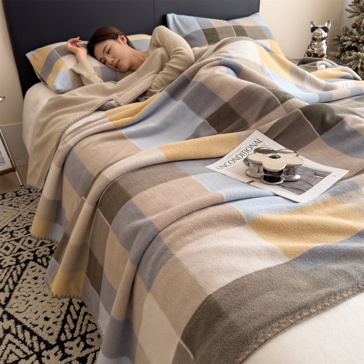 91家纺网 家纺一手货源 找家纺 慕木家纺 2025新款高克重印花仿羊绒双层毛毯毛毯毯子（可供跨境提供买家秀） 冰蓝格序-黄