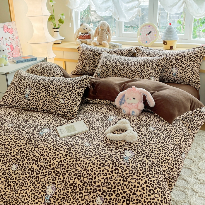 91家纺网 家纺一手货源 找家纺 弗苓家纺 2025新款加厚保暖双面牛奶绒四件套 豹纹KT- 咖