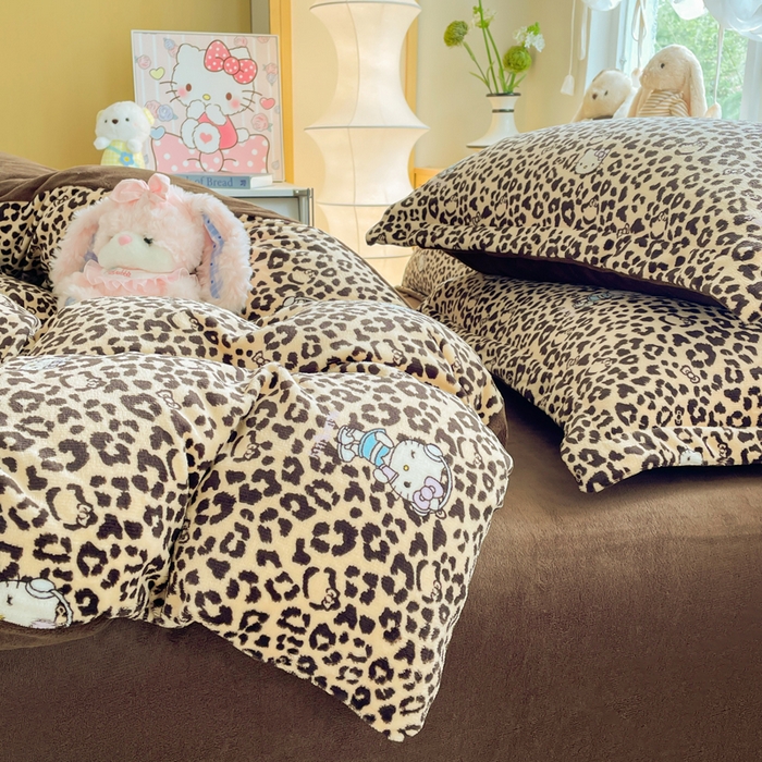 91家纺网 家纺一手货源 找家纺 弗苓家纺 2025新款加厚保暖双面牛奶绒四件套 豹纹KT- 咖