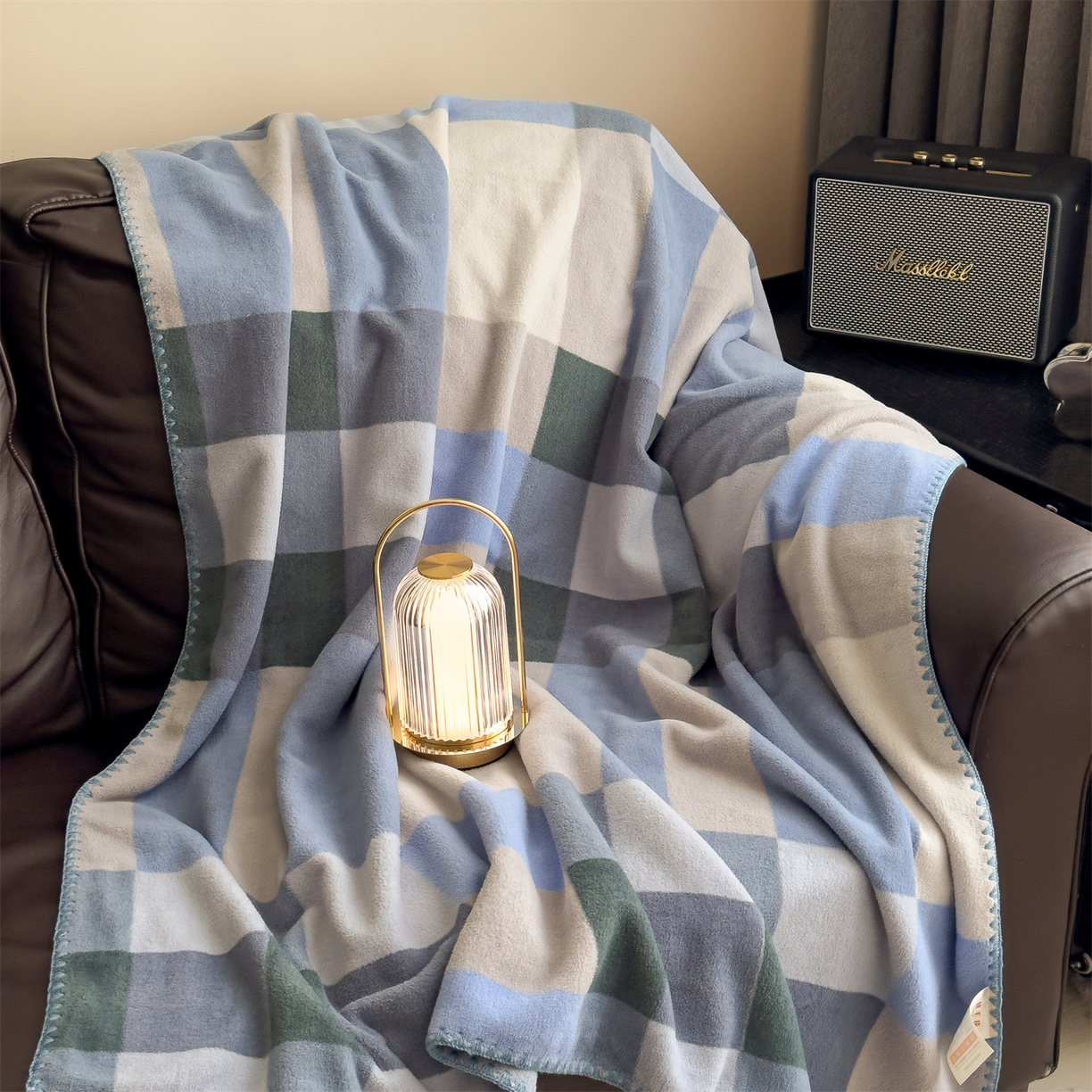 慕木家纺 2025新款高克重印花仿羊绒双层毛毯毛毯毯子（可供跨境提供买家秀） 冰蓝格序-蓝灰