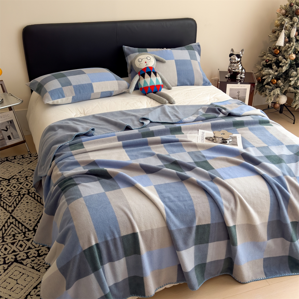 91家纺网 家纺一手货源 找家纺 慕木家纺 2025新款高克重印花仿羊绒双层毛毯毛毯毯子（可供跨境提供买家秀） 冰蓝格序-蓝灰