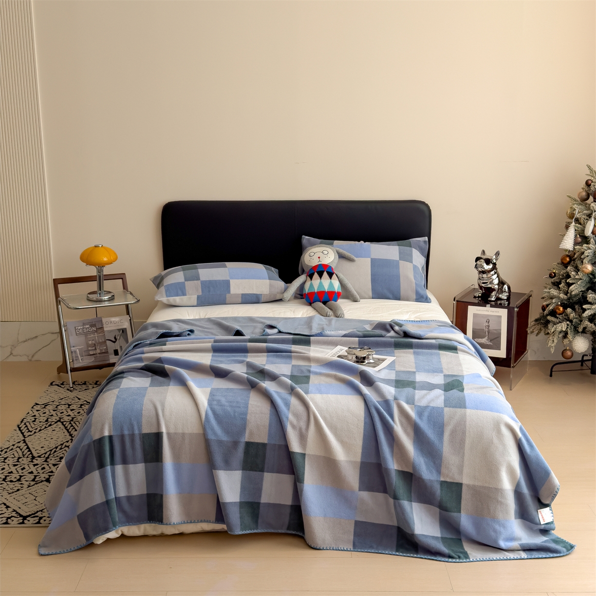 91家纺网 家纺一手货源 找家纺 慕木家纺 2025新款高克重印花仿羊绒双层毛毯毛毯毯子（可供跨境提供买家秀） 冰蓝格序-蓝灰