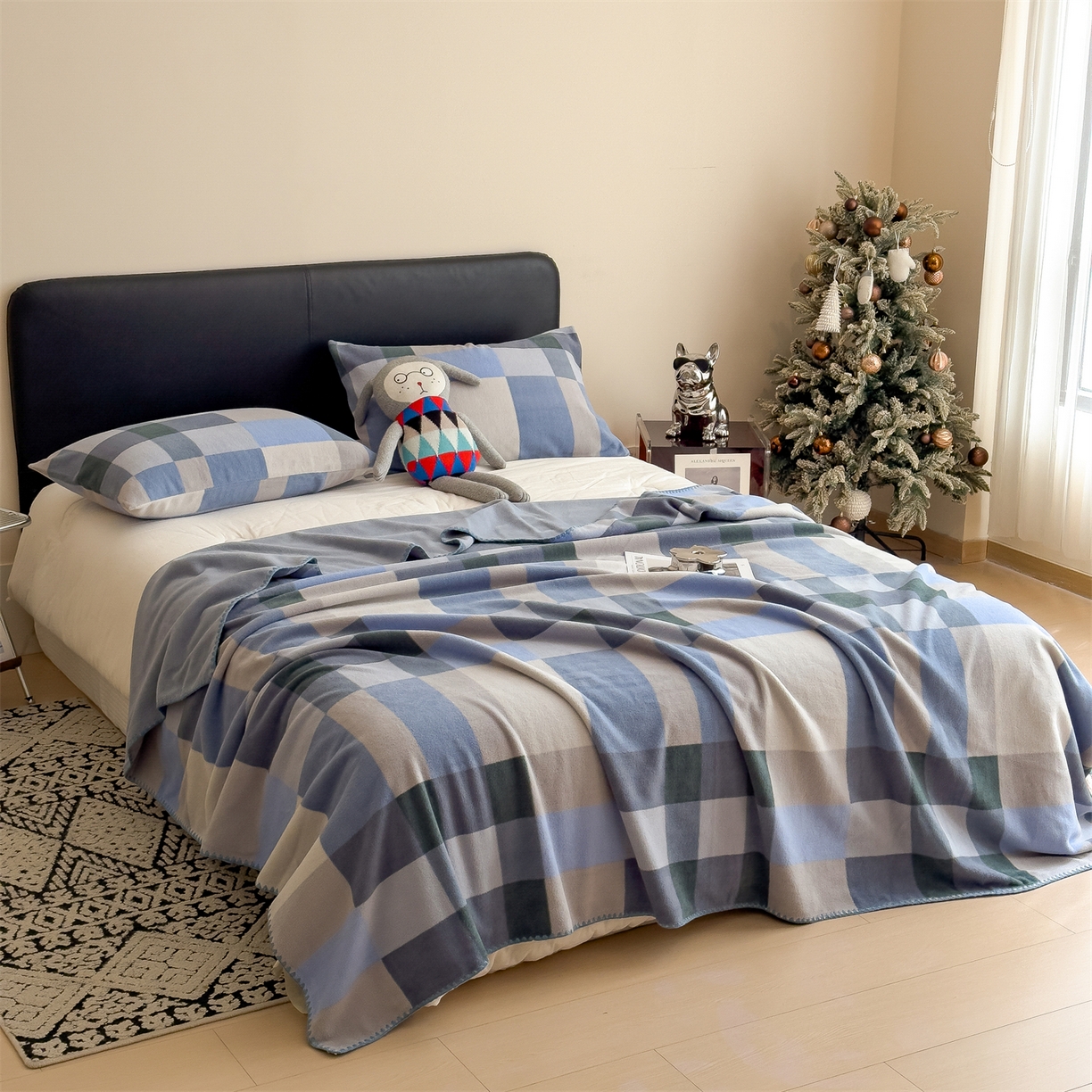 91家纺网 家纺一手货源 找家纺 慕木家纺 2025新款高克重印花仿羊绒双层毛毯毛毯毯子（可供跨境提供买家秀） 冰蓝格序-蓝灰