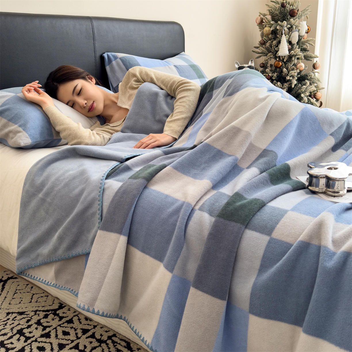 91家纺网 家纺一手货源 找家纺 慕木家纺 2025新款高克重印花仿羊绒双层毛毯毛毯毯子（可供跨境提供买家秀） 冰蓝格序-蓝灰