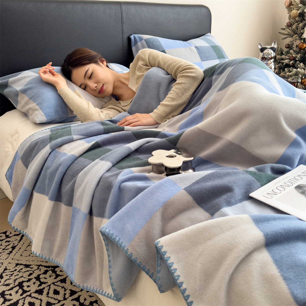 91家纺网 家纺一手货源 找家纺 慕木家纺 2025新款高克重印花仿羊绒双层毛毯毛毯毯子（可供跨境提供买家秀） 冰蓝格序-蓝灰