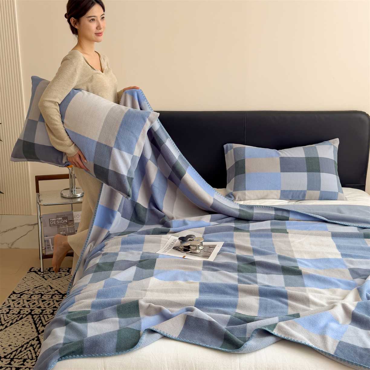 91家纺网 家纺一手货源 找家纺 慕木家纺 2025新款高克重印花仿羊绒双层毛毯毛毯毯子（可供跨境提供买家秀） 冰蓝格序-蓝灰