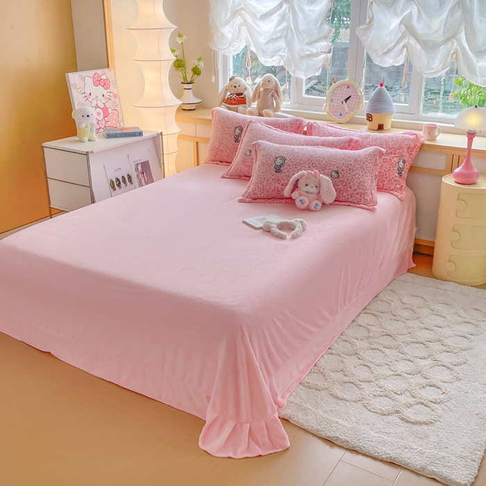 91家纺网 家纺一手货源 找家纺 弗苓家纺 2025新款加厚保暖双面牛奶绒四件套 豹纹KT-粉