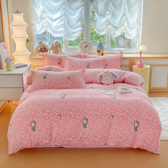 91家纺网 家纺一手货源 找家纺 弗苓家纺 2025新款加厚保暖双面牛奶绒四件套 豹纹KT-粉