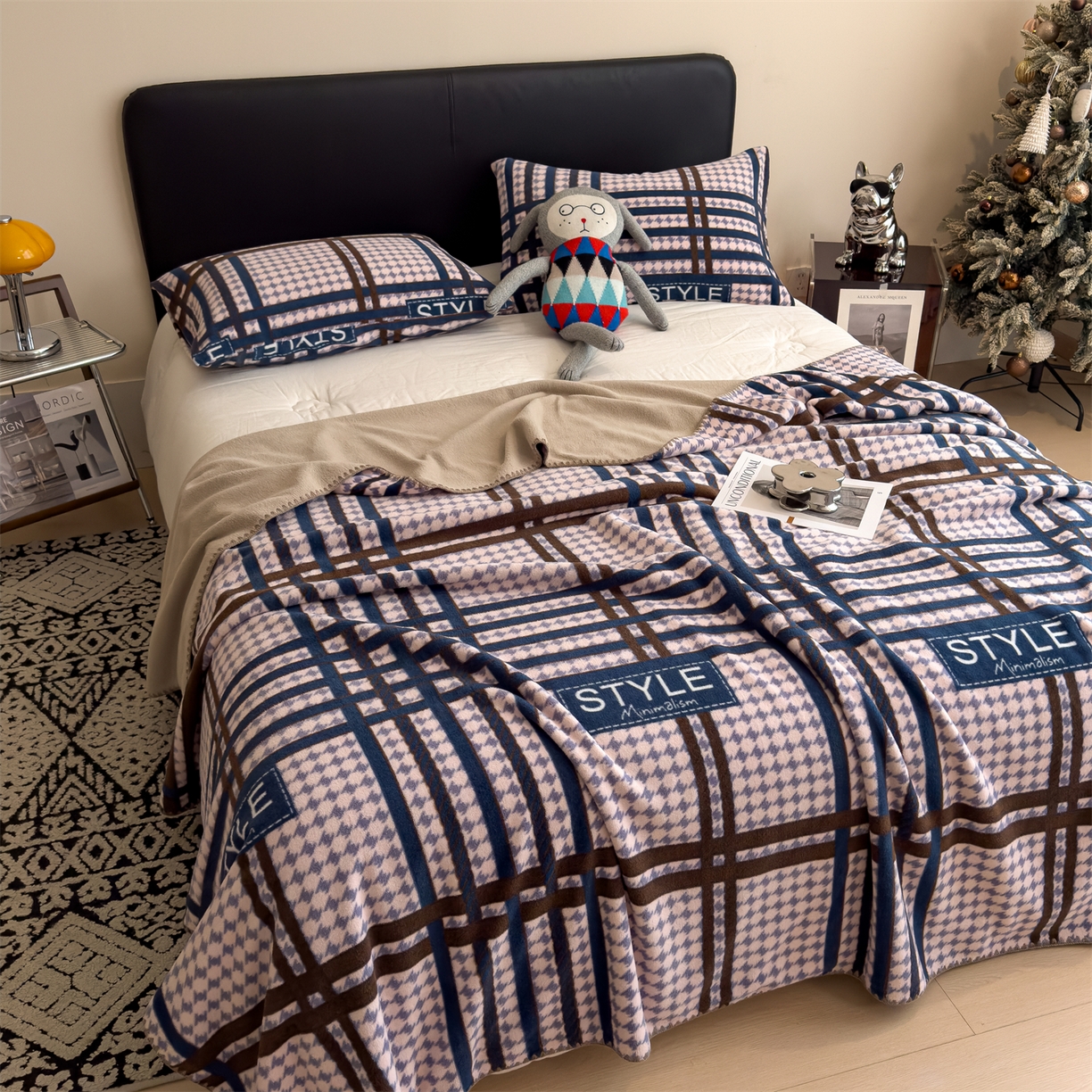 91家纺网 家纺一手货源 找家纺 慕木家纺 2025新款高克重印花仿羊绒双层毛毯毛毯毯子（可供跨境提供买家秀） 都市织梦-粉