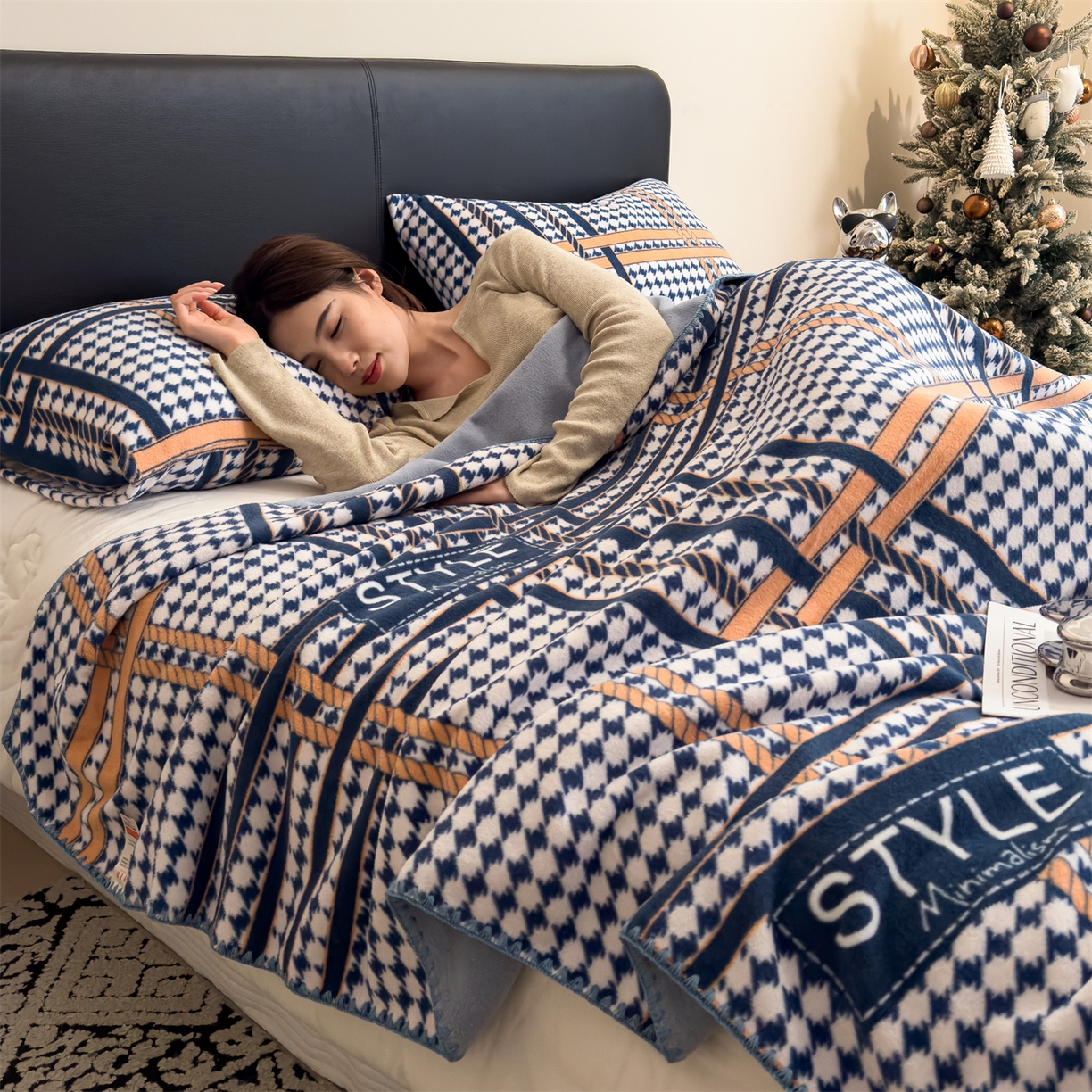 91家纺网 家纺一手货源 找家纺 慕木家纺 2025新款高克重印花仿羊绒双层毛毯毛毯毯子（可供跨境提供买家秀） 都市织梦-蓝